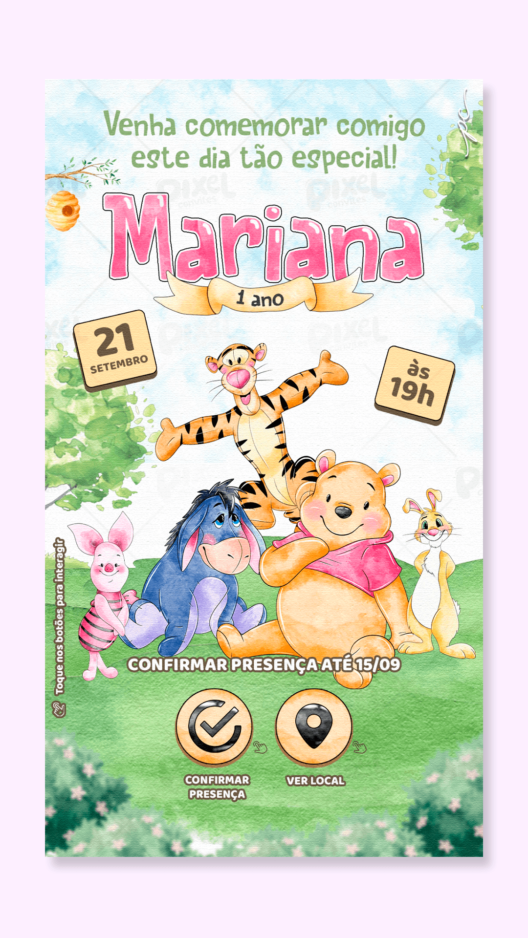 Convite Interativo Ursinho Pooh Aquarela - Menina