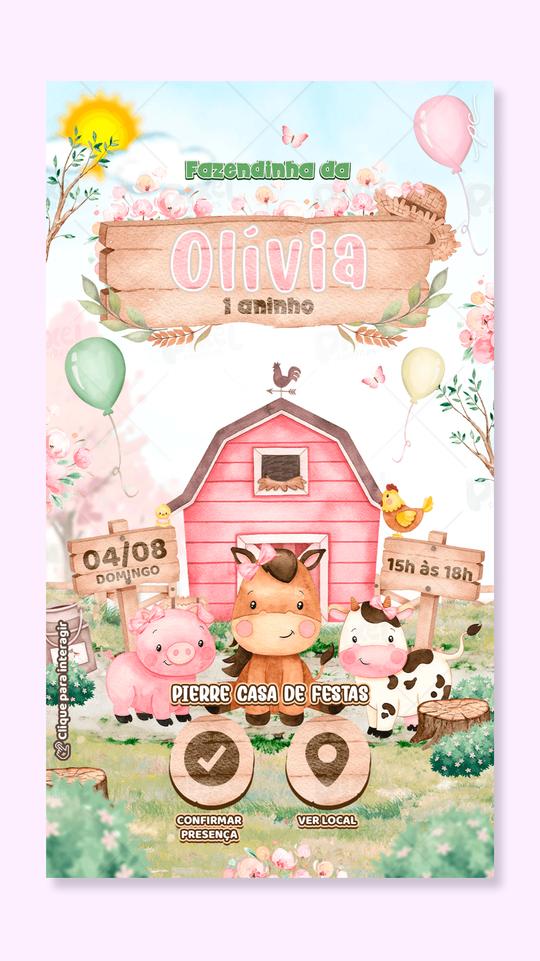 Convite Interativo Fazendinha Rosa Aquarela