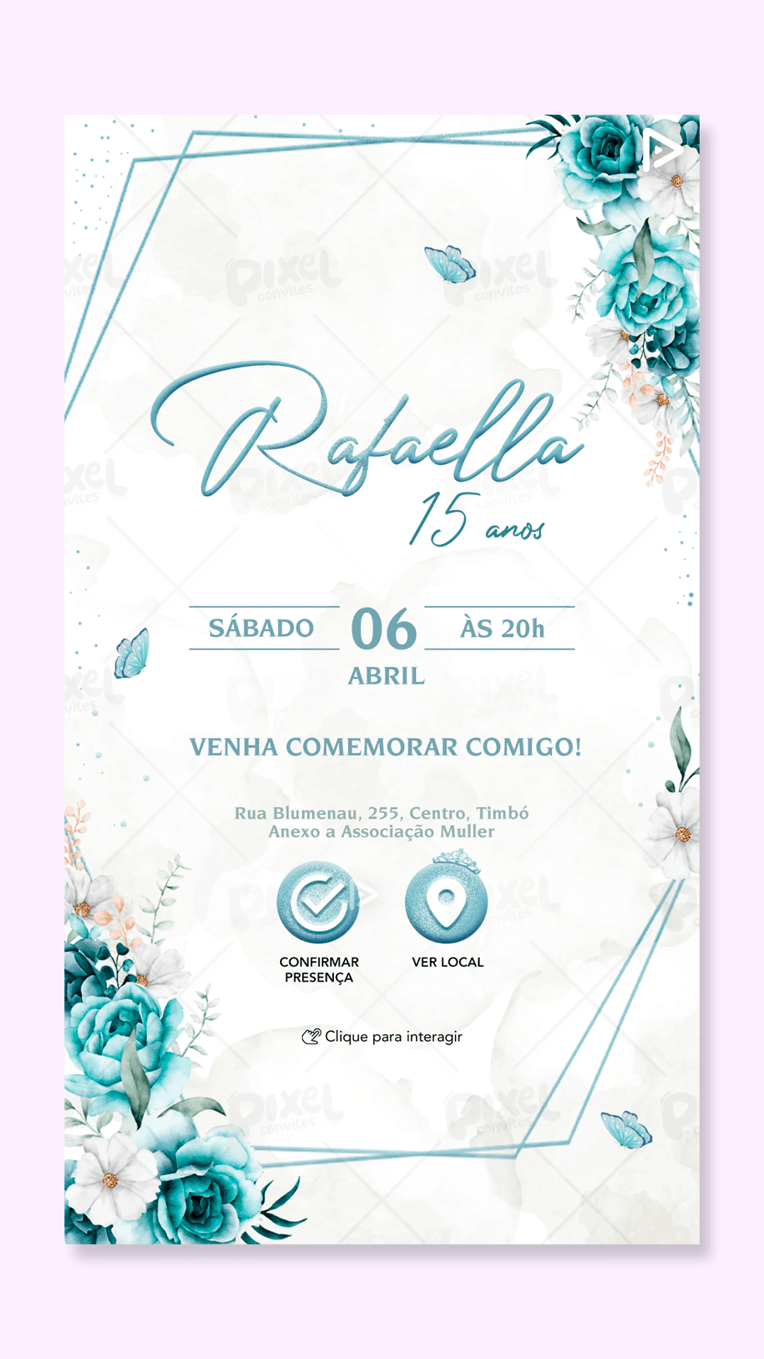 Convite Interativo 15 Anos Rosas Azuis Serenity