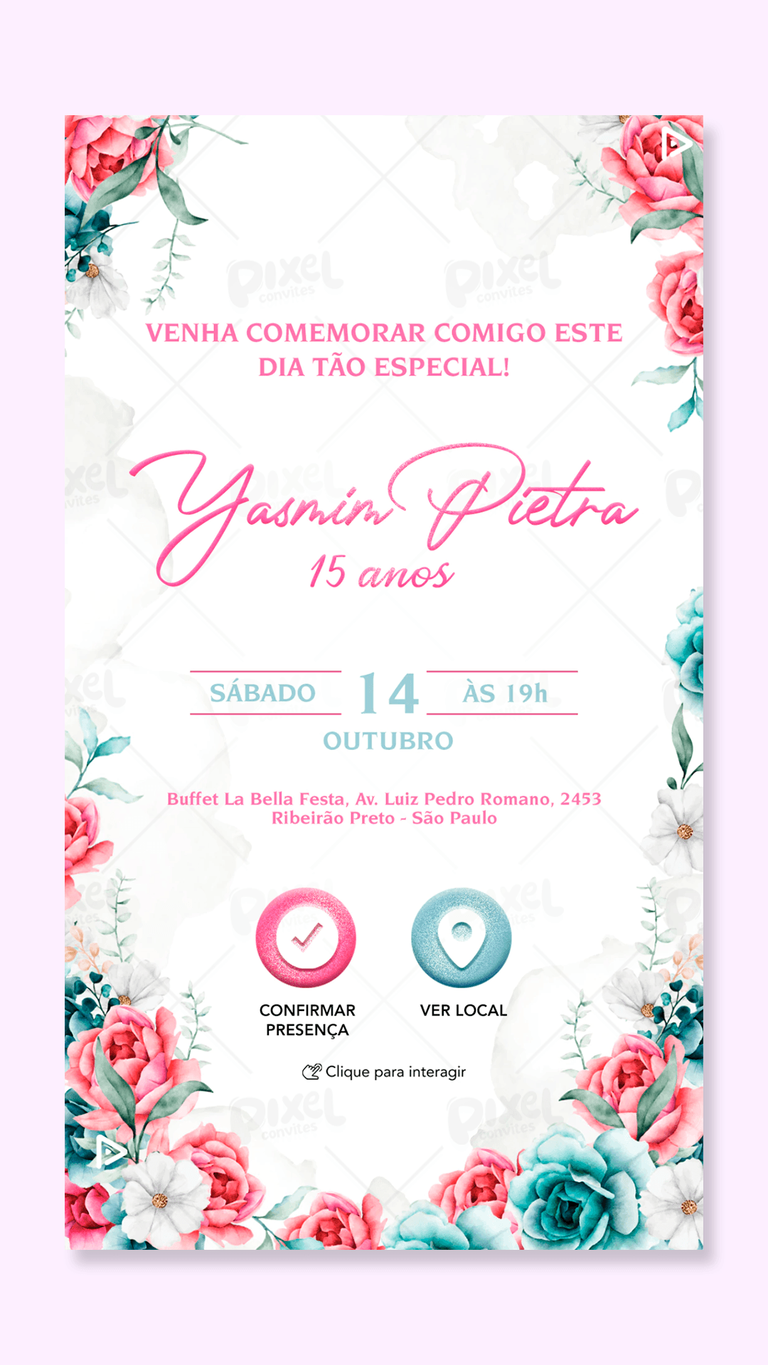 Convite interativo 15 Anos Floral Rosé