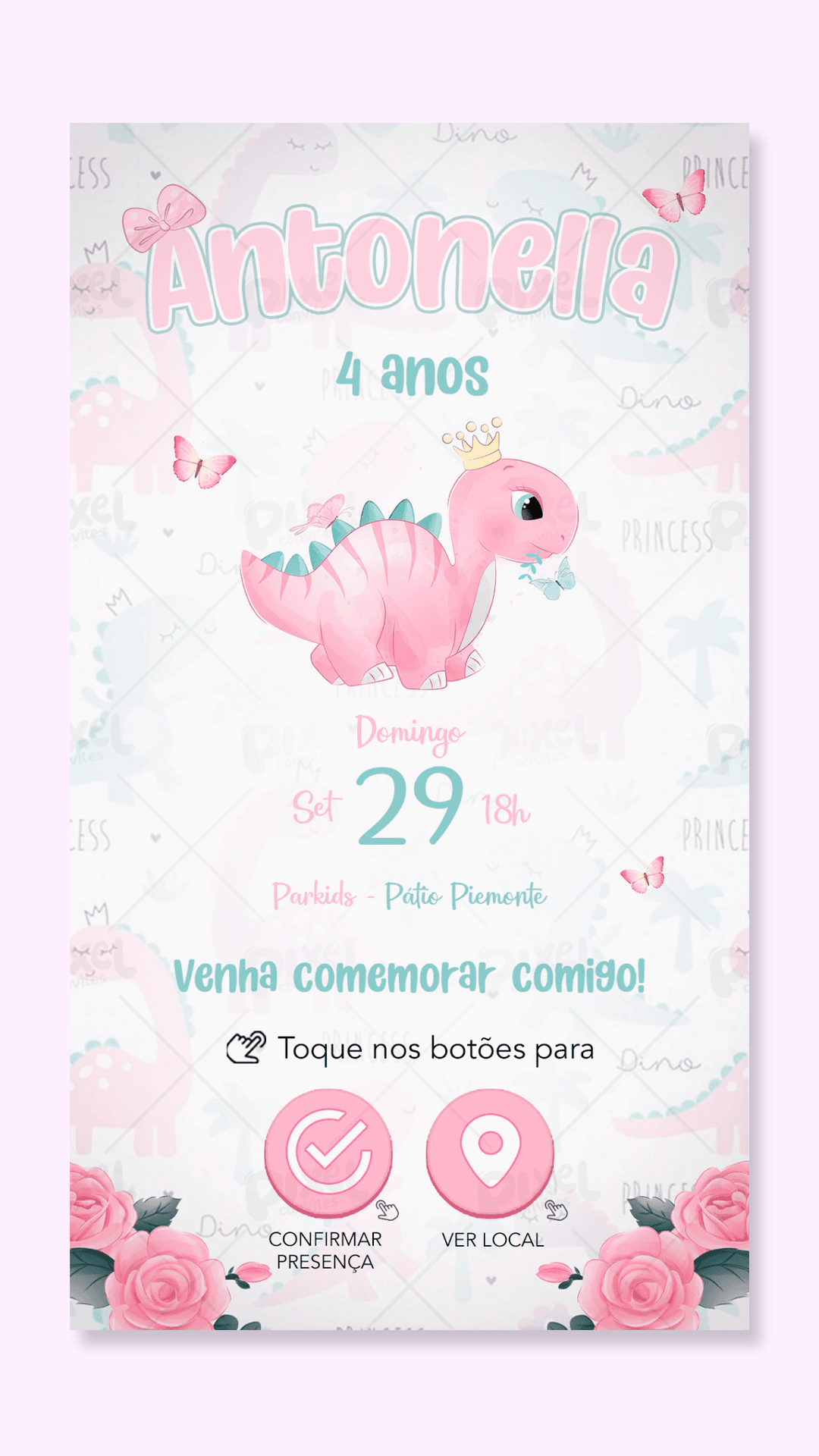 Convite Interativo Dino Baby - Menina