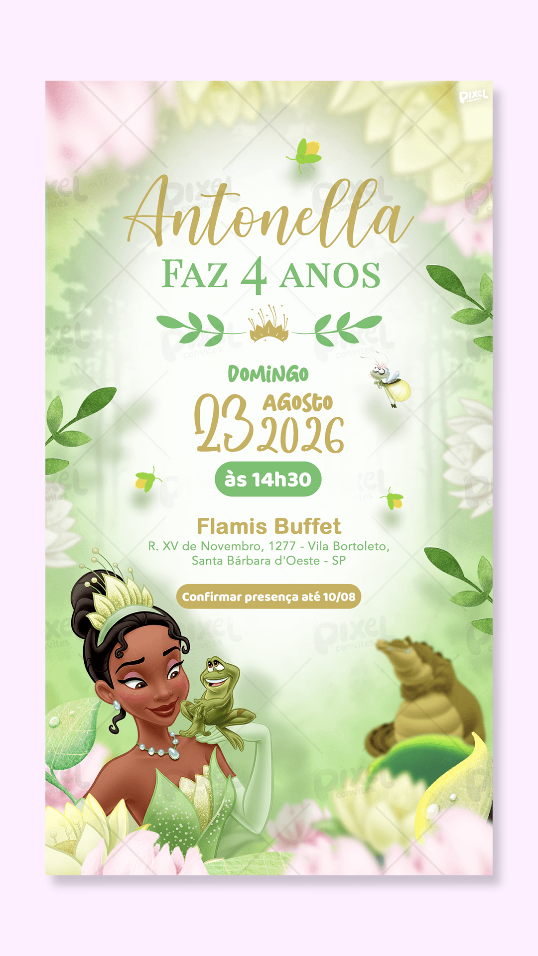 Convite Digital Simples A Princesa Tiana e o Sapo