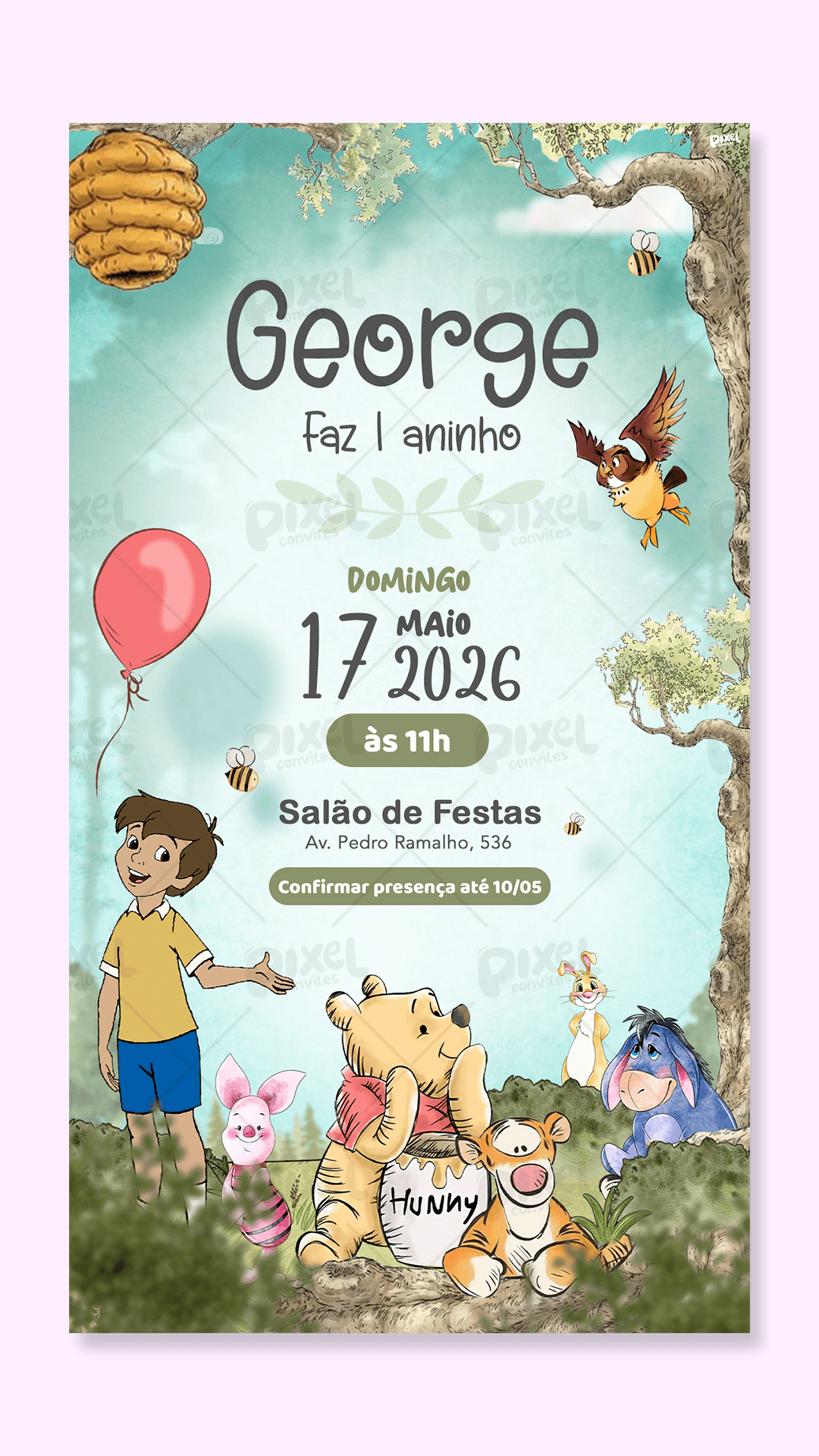 Convite Digital Simples Ursinho Pooh Festa No Bosque Dos Cem Acres