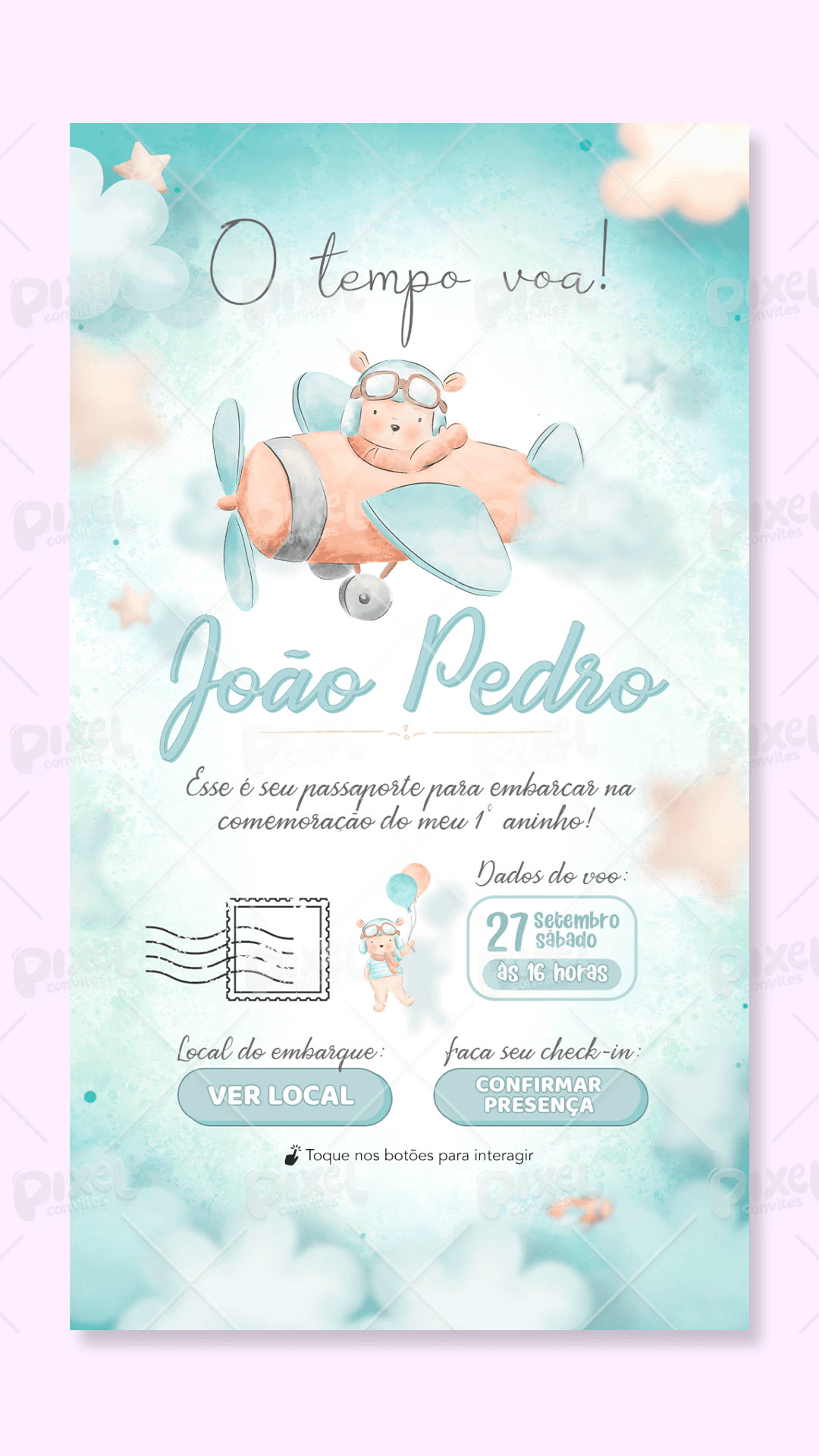 Convite Interativo Ursinho Aviador O Tempo Voa